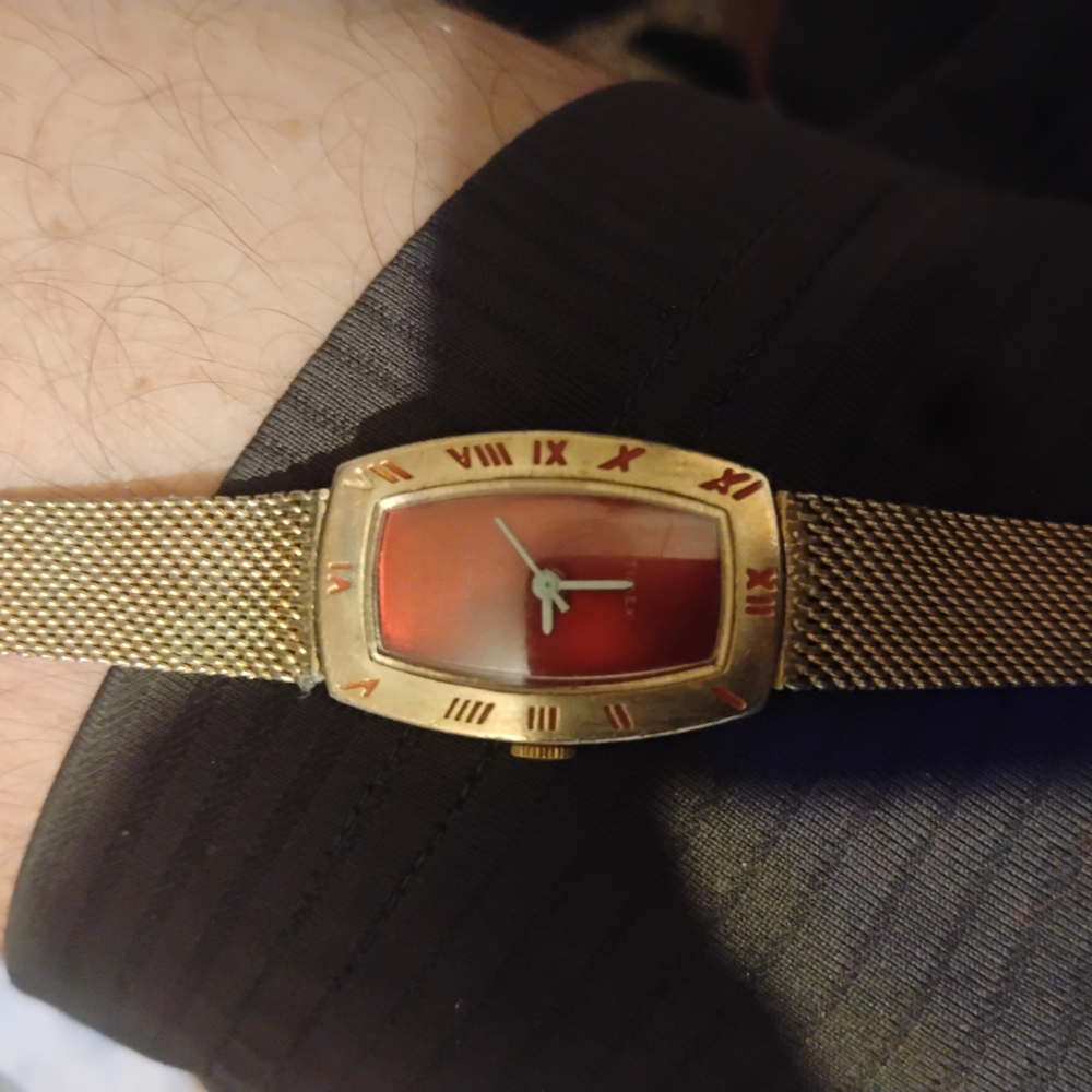 Gold Mesh Strap Watch with Red Dial